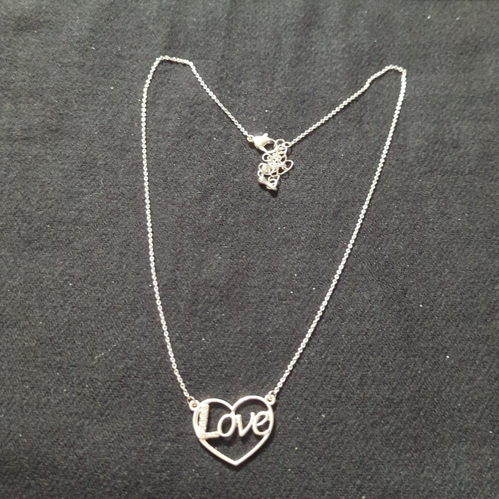 Silver Tone Love Heart Rhinestone Pendant Statement Necklace
